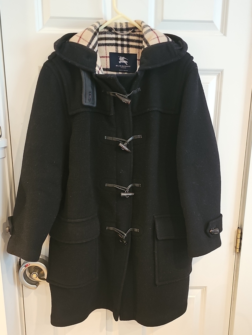 Burberry Black Wool Pea Coat with Signature Check Hood Lining